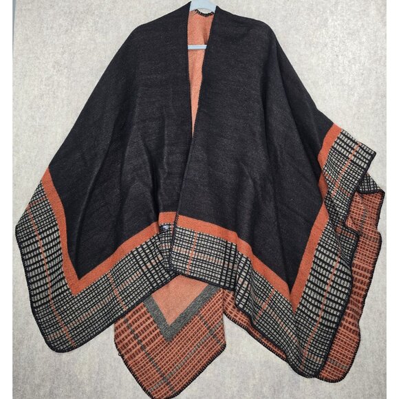 Reversible Acrylic Poncho Shawl With Plaid & Solid Pattern In Black & Orange - Picture 2 of 5